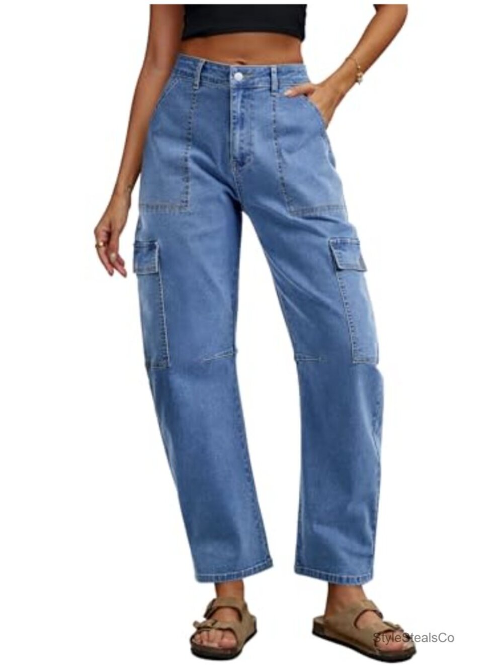 High Waisted Barrel Jeans Wide Leg Cargo Ankle Pants 6 Pocket Utility Denim